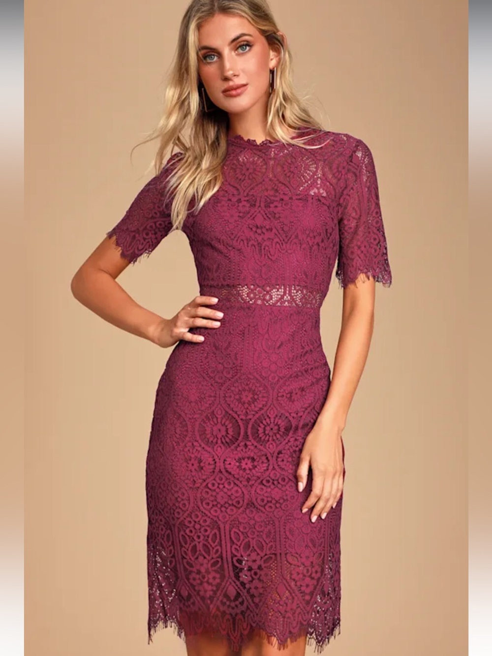 NWT LULUS lulus Remarkable Burgundy Sheer Lace Short Sleeve Mini Dress SIZE M